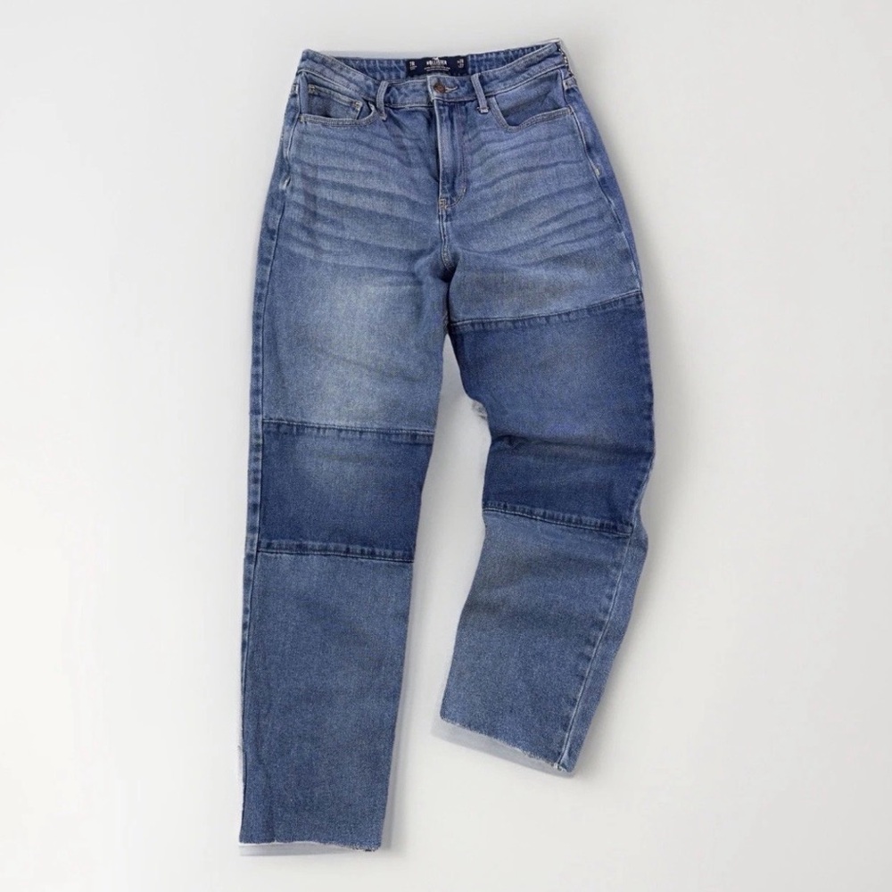Hollister Ultra High Rise Mom‎ Jean Women 28x27 7R Blue Colorblock Baggy Denim